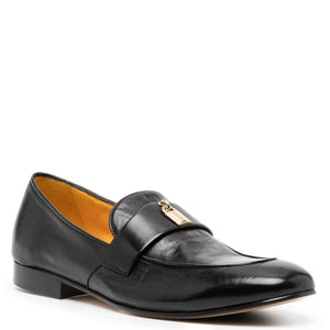 Black leather loafer with strap-style top and gold-toned lock hardware