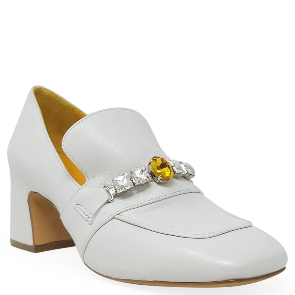 White leather mid-heel loafer with jeweled strap detail and almond toe