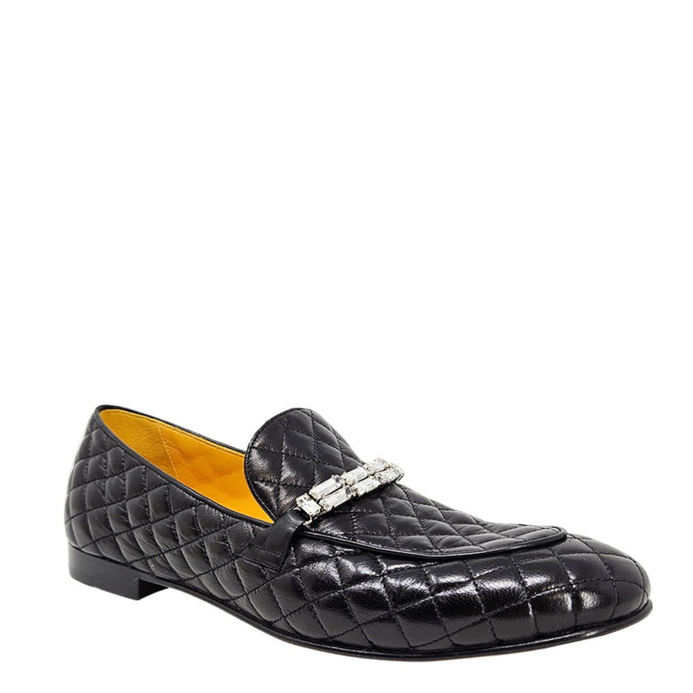 Quilted black flat loafer with slip-on strap and buckle detail