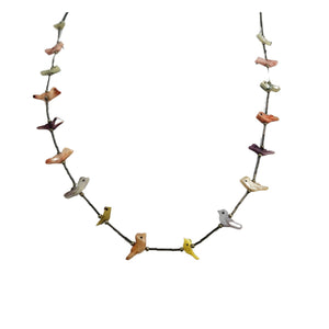 Vintage mother-of-pearl bird necklace with multicolor bird charms on a metal chain