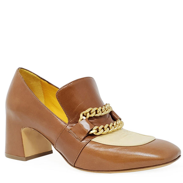 Tan and cream leather loafer, mid heel, gold-tone chain across vamp