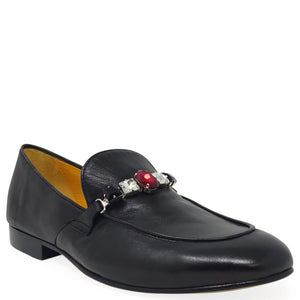 Black leather loafer with red gem and silver accent detail
