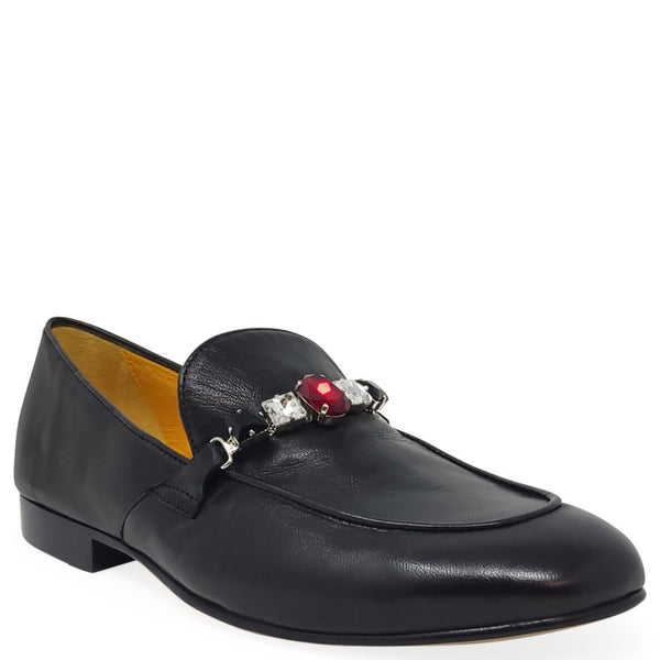 Black leather loafer with red gem and silver accent detail