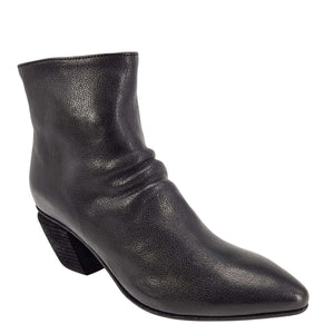 Black leather ankle boot with block heel, pointed toe, side seam