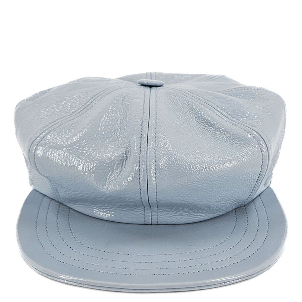 Light blue denim motorcycle hat with stitched crown and flat brim, snap top button
