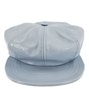 Light blue denim motorcycle hat with stitched crown and flat brim, snap top button