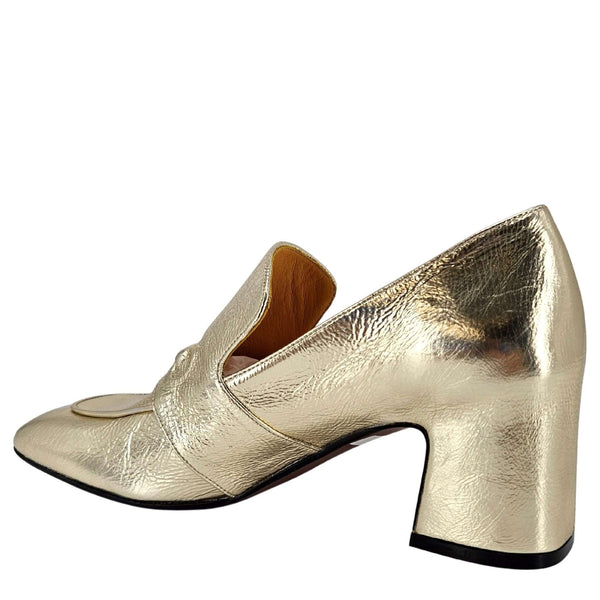 Gold metallic leather loafer with hidden bit detail, sculpted block heel