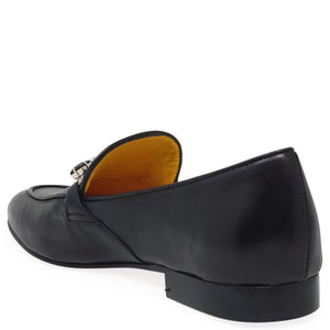 Black leather loafer with jeweled vamp detail and block heel