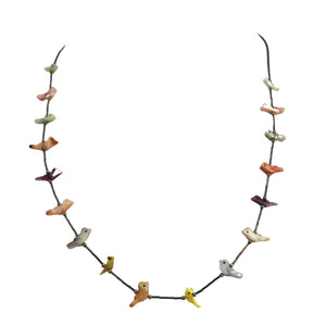 Vintage mother-of-pearl bird necklace, multicolor bird charms linked by metal chain