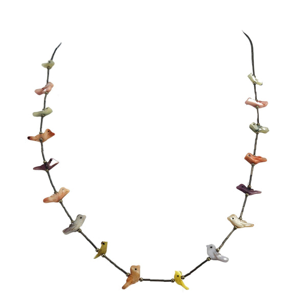 Vintage mother-of-pearl bird necklace, multicolor bird charms linked by metal chain