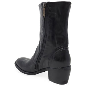 Black leather mid-calf boot with side zipper, low block heel, rounded toe