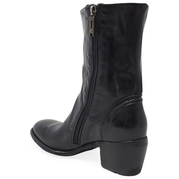 Black leather mid-calf boot with side zipper, low block heel, rounded toe