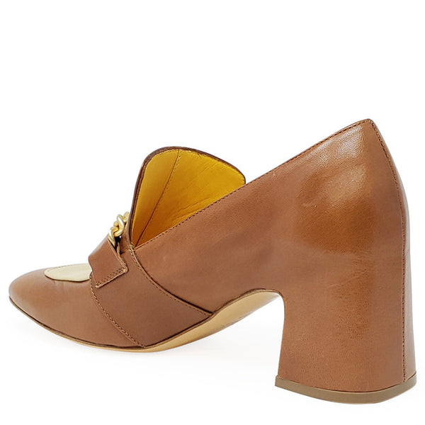 Tan and cream leather mid-heel loafer with chain trim and block heel