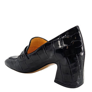 Croc-embossed leather loafer with mid heel, slip-on moc toe and strap
