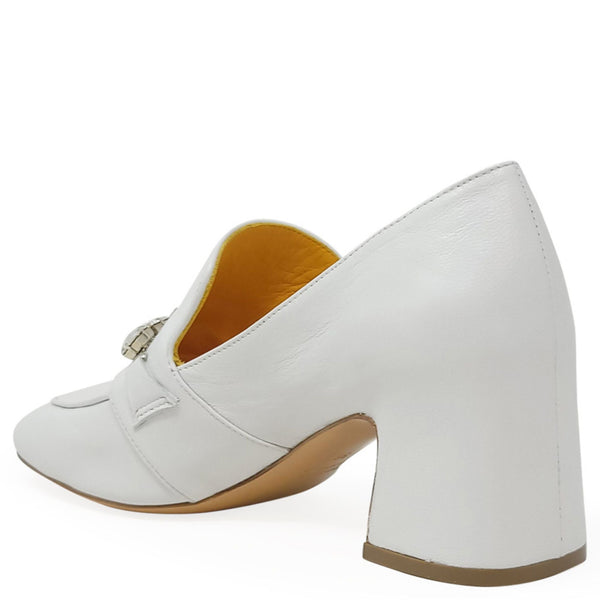 White leather mid-heel loafer, side view with decorative jewel hardware