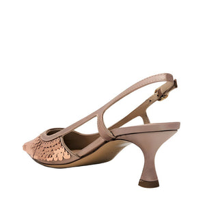 Gold sequined slingback heel with open back strap and sculpted mid-height heel