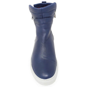 Navy leather high-top boot with double side zipper and padded collar