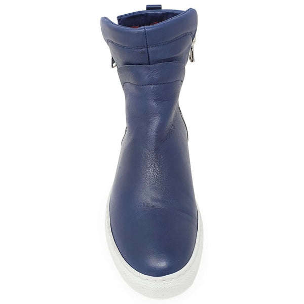 Navy leather high-top boot with double side zipper and padded collar