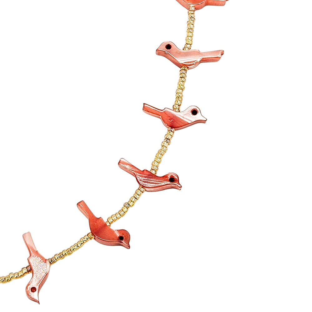 Red bird charm bead necklace with gold-tone chain and lobster clasp