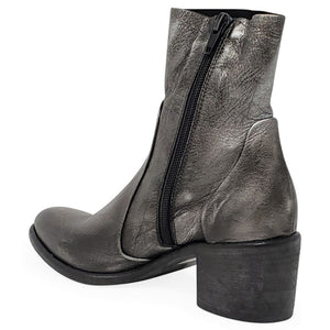 Silver leather ankle boot with side zipper and stacked block heel