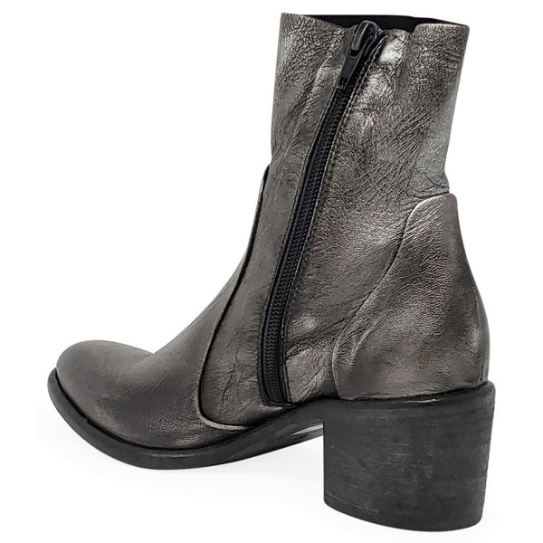 Silver leather ankle boot with side zipper and stacked block heel