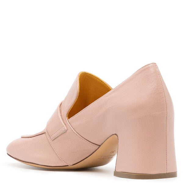 Light pink leather heeled loafer with low block heel and decorative strap detail
