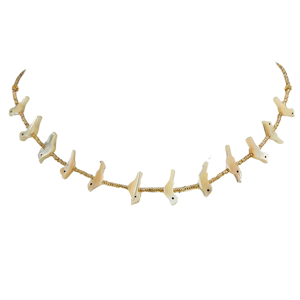 White shell bird bead necklace with gold-tone chain and small bird charms