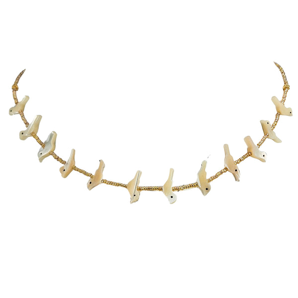 White shell bird charm necklace, evenly spaced bird pieces on gold-tone chain