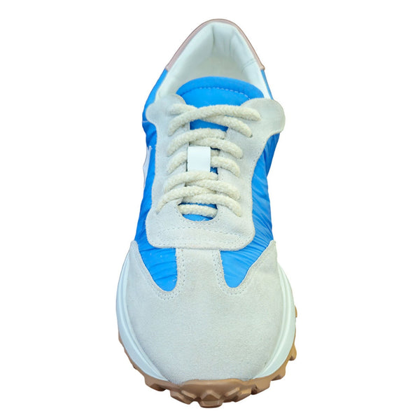 Light blue and white lace-up sneaker with padded collar, star accent, rubber sole