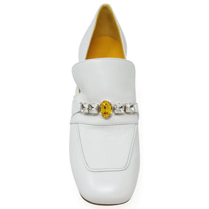 White leather slip-on loafer with jewel-embellished vamp and yellow center