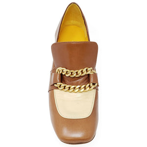 Tan leather loafer with cream inset, gold-tone chain bracelet-style strap