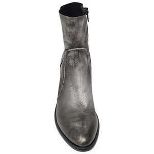 Silver leather ankle boot with elastic back collar and rounded toe