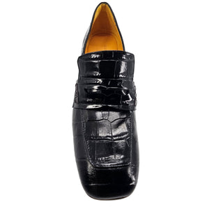 Croc-embossed leather loafer, slip-on moc toe with mid block heel