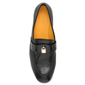 Black leather penny loafer with gold lock plate across strap