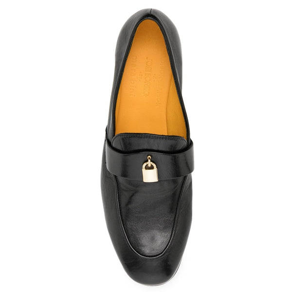 Black leather penny loafer with gold lock plate across strap