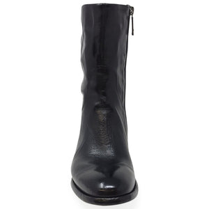 Black leather mid-calf boot with side zipper and low block heel, glossy finish