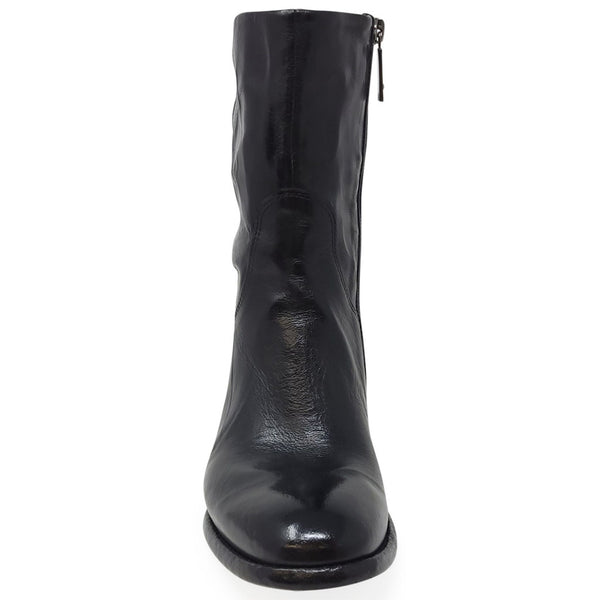 Black leather mid-calf boot with side zipper and low block heel, glossy finish