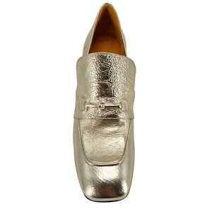 Gold metallic leather loafer with hidden bit detail and closed toe, slip-on