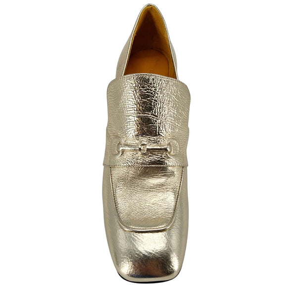 Gold metallic leather loafer with hidden bit detail and closed toe, slip-on