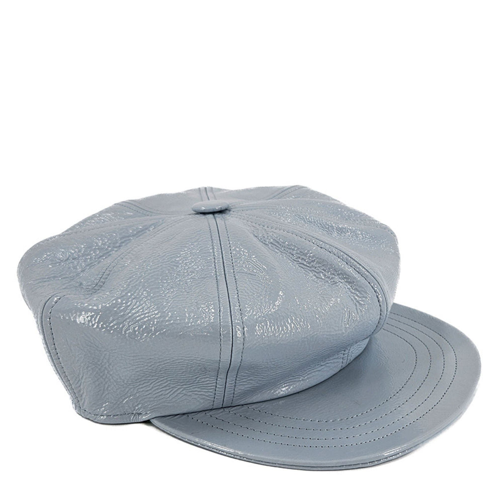 Light blue denim motorcycle hat with stitched crown and flat brim, snap top button