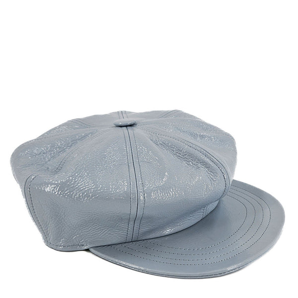Light blue denim motorcycle hat angled view, stitched crown and curved flat brim