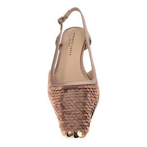 Gold sequined snip-toe slingback heel, back view with adjustable ankle strap