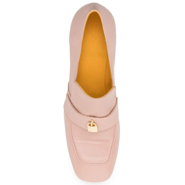 Light pink leather heeled loafer with gold lock charm on strap, slip-on fit