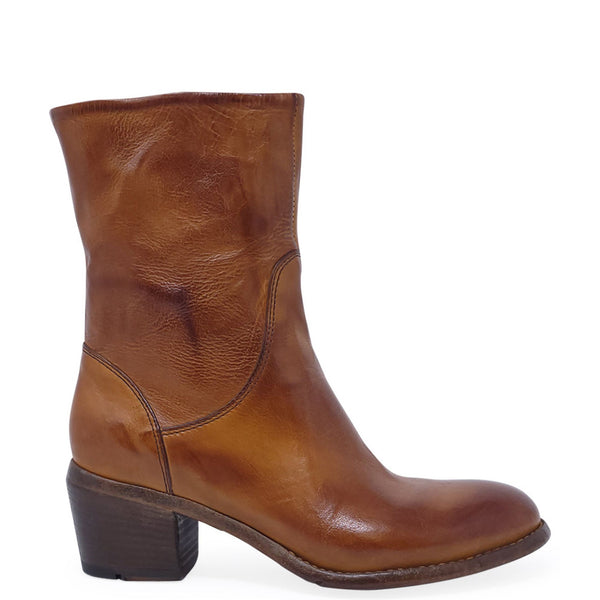 Brown leather mid-calf boots with stacked heel and side panel stitching