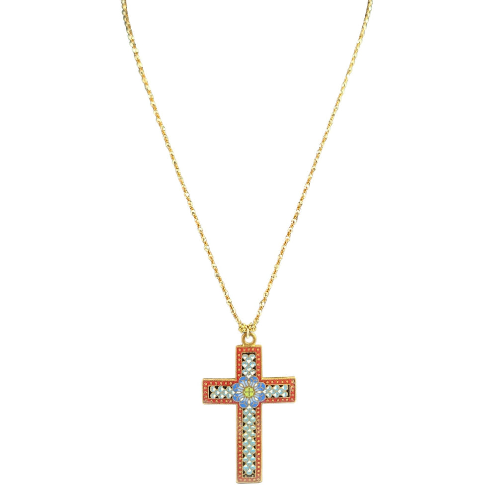 Vintage ivory enamel cross pendant necklace, red enamel cross with blue center, gold chain