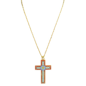 Vintage ivory enamel cross pendant necklace, red enamel cross with blue center, gold chain