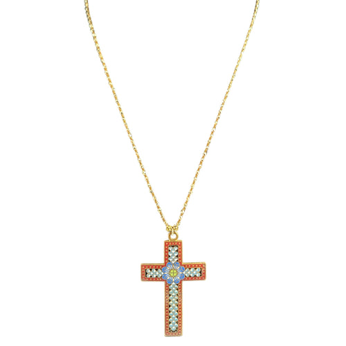 Vintage ivory enamel cross pendant necklace, red enamel cross with blue center, gold chain