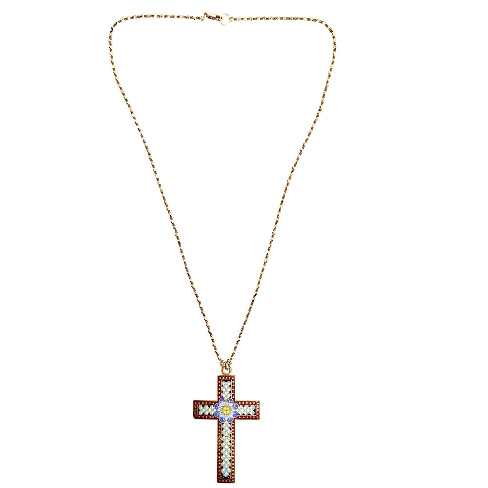 Vintage ivory enamel cross pendant necklace, red enamel cross with blue center, gold chain