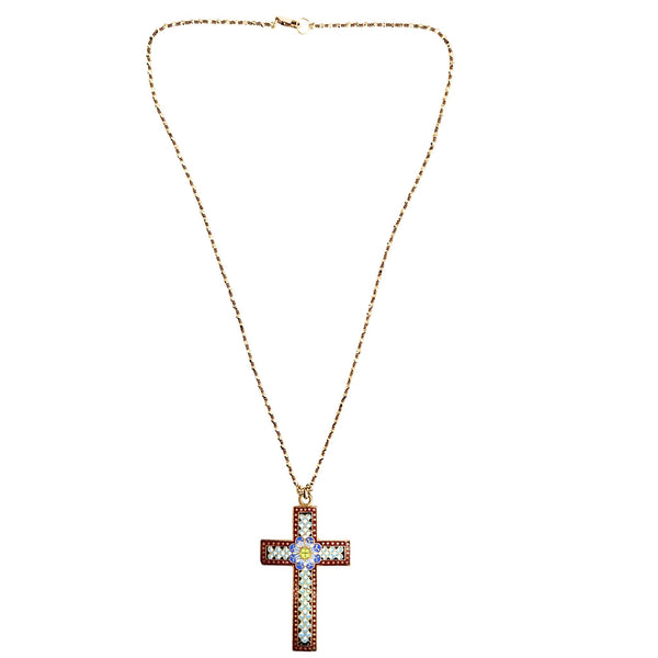 Gold chain necklace with red enamel cross pendant and blue gemstone center