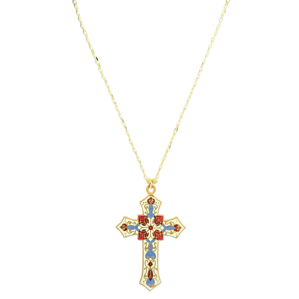 Gold-tone necklace with colorful enamel cross pendant, small loop at top